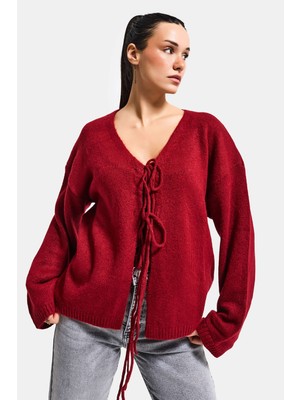 It's Basic Kadın Bordo Renk w5-35 Önü Bağcıklı Oversize Triko Kazak