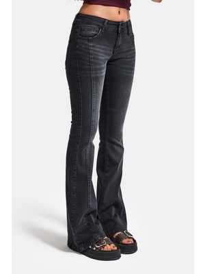 It's Basic Kadın Füme 2s6-1 SWL Mid Rise Flare Fit Kemer Detaylı Esnek Kumaş Denim Jean