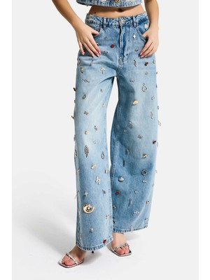 It's Basic Kadın Kot Rengi 12s6-32 Mega Baggy Fit Özel Dikim Aksesuarlı Tasarım Denim Jean