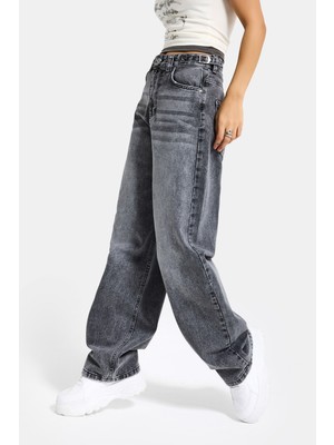 It's Basic Kadın Füme 4s6-13 Baggy Fit Bol Kesim %100 Koton Denim Jean