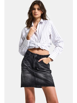 It's Basic Kadın Koyu Füme 2s6-1 Straight Fit %100 Koton Mini Denim Etek