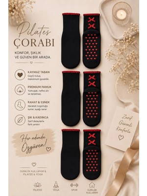 Çorap Vitrini Kadın 3'lü Siyah-Kırmızı Pilates ve Yoga Çorabı Seti - Kaymaz Kalp Tabanlı Fırfırlı Fiyonk Detaylı Premium Pamuklu Spor Çorabı