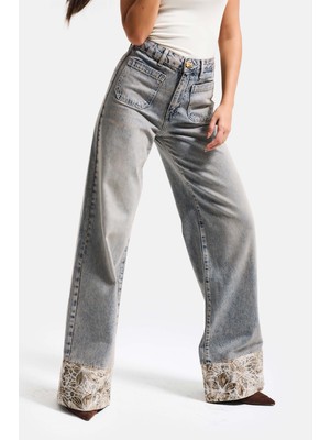 It's Basic Kadın Kot Rengi 4s6-65 Wide Leg Fit Paça Dantel Detaylı Özel Tasarım denim Jean