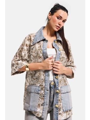 It's Basic Kadın Kot Kahve 4s6-65 Oversize Özel Tasarım Gül Dantel Detaylı Ceket Gömlek