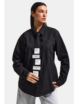 It's Basic Kadın Siyah Renk Oversize Kravatlı Özel Tasarım Bol Kesim Gömlek