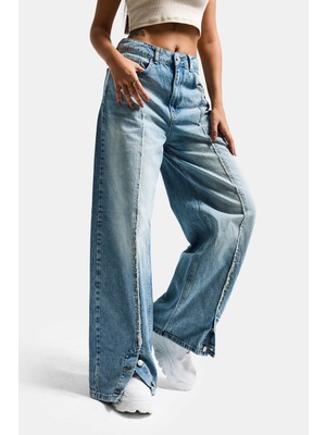 It's Basic Kadın Kot Rengi 4s6-32 Süper Baggy Fit Paça Detaylı Özel Tasarım Denim Jean