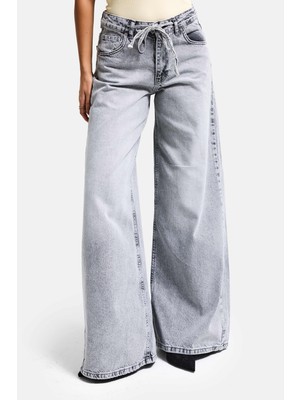 It's Basic Kadın Gri 4s5-12 Palazzo Fit Bağcıklı %100 Koton Denim Jean