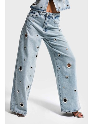 It's Basic Kadın Ice 4s6-65 Baggy Fit Kuş Gözü Detaylı Özel Tasarım Denim Jean