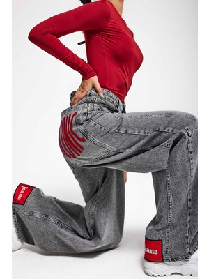 Kadın Gri Renk 4s6-13 Mega Baggy Fit Paça ve Cep Detaylı Özel Tasarım Denim Jean