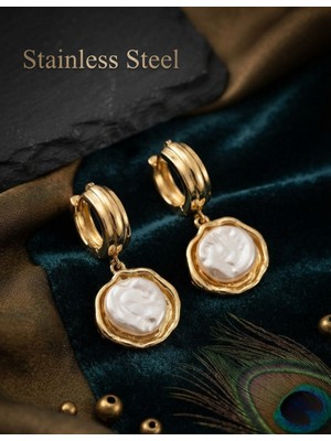 Stainless Steel 316L Çelik Gold Renk Inci Detaylı Küpe