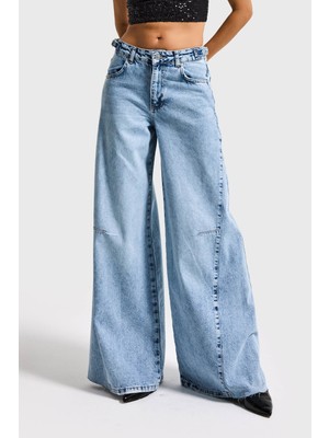 It's Basic Kadın Kot Rengi 4s6-3 Baggy Palazzo Fit Kemer Detaylı %100 Koton Denim Jean