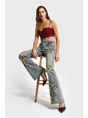 It's Basic Kadın T.Kot Rengi 4s6-91 Midrise Flare Fit Özel Nakış Desenli Elastan Kumaş Denim Jean