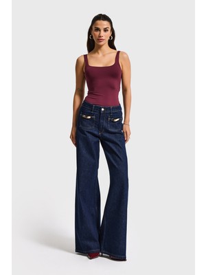 It's Basic Kadın İndigo 7s6-50 Midrise Wide Leg Fit Viskon Kumaş Aksesuar Detaylı Denim Jean