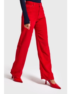 It's Basic Kadın Kırmızı Doris 26w5-19 Straight Fit Yüksek Bel Kalın Fitilli Kadife Velvet Kumaş Pantolon