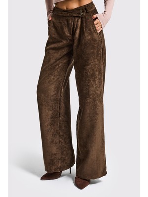 It's Basic Kadın Kahve Renk w5-81 Palazzo Fit Kemer Detaylı Kalın Fitilli Velvet Kadife Kumaş Pantolon