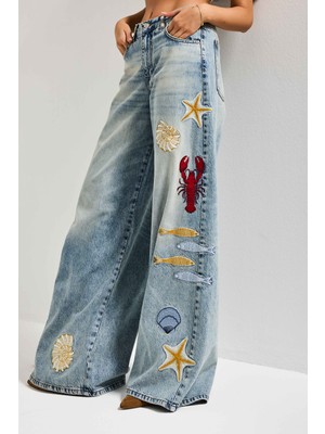 It's Basic Kadın Kot Rengi 4s6-32 Palazzo Fit Deniz Dünyası Nakışlı Özel Tasarım Denim Jean