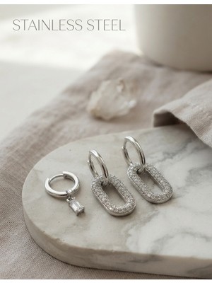 Stainless Steel Pirinç Zirkon Taşlı Dikdörtgen Model Gümüş Renk 3'lü Çift Küpe Set