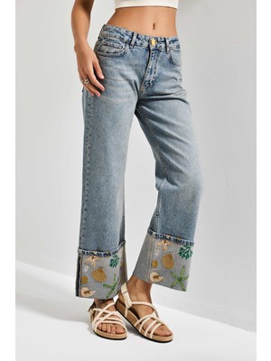 It's Basic Kadın Kot Rengi 4s6-65 Straight Fit Corn Turn Up Elastan Kumaş Paça Nakışlı Tasarım Denim Jean