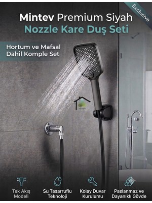 Mintev Noozle Siyah Lüks Duş Başlığı Siyah Hortum ve Mafsal Komple Set