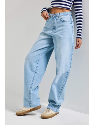 It's Basic Kadın Ice Renk 4s6-27 Regular Fit Yüksek Bel %100 Koton Rahat Kesim Denim Jean