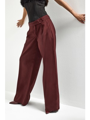 It's Basic Kadın Bordo s6-35 Neptun Kemer Detaylı Palazzo Fit Pileli Pantolon