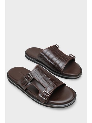 Capone Outfitters Aldrich Çift Tokalı Kroko Desenli Hakiki Deri Erkek Terlik