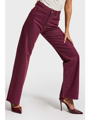 It's Basic Kadın Bordo Renk T3-20w5-98 Straight Fit Yüksek Bel Ön ve Arka Parlak Taşlı Özel Tasarım Denim Jean