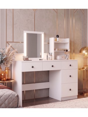 Bravo Home Bravo M1 Premium Işıklı Makyaj Masası Beyaz - 5 Çekmeceli Aynalı Kulis Tipi Takı ve Kozmetik Düzenleyici Raflı Çalışma Masası