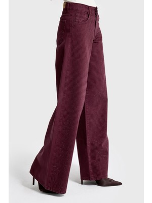 It's Basic Kadın Bordo Renk T-6w5-122 Palazzo Fit Parlak Taşlı Özel Tasarım Denim Jean