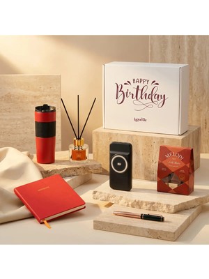 Momentum Hediye Kutusu Power Bank Hızlı Şarj & Vegan Deri Kapak Noktalı Defteri & Çubuklu Koku Cam Şişe & Metal Roller Kalem & Madlen Çikolata & Termos