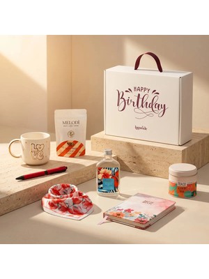Flower Garden Hediye Kutusu Kupa / Mug & Portakal Greyfurt ve Mandalinalı Bitki Çayı & Pomellos Jamaika Gülü Kolonya & Metal Tükenmez Kalem & Çiçek Desen Fular & Sütlü Draje & Sert Kapak Defter