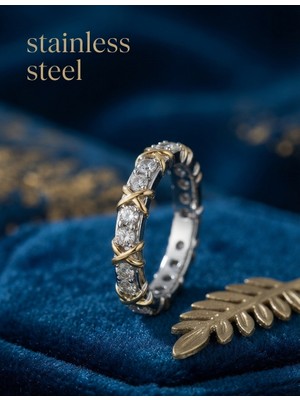 Stainless Steel Gümüş Renk Zirkon Taşlı Gold Renk Detay Xoxo Yüzük