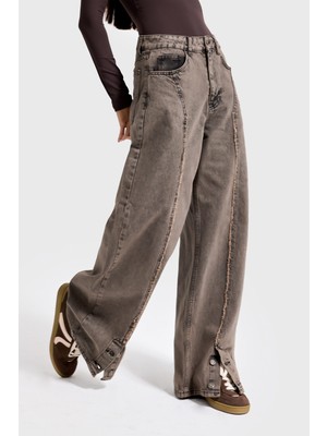 It's Basic Kadın Koyu Kahve Kot 3w5-70 Süper Baggy Fit Paça Detaylı Özel Tasarım Denim Jean