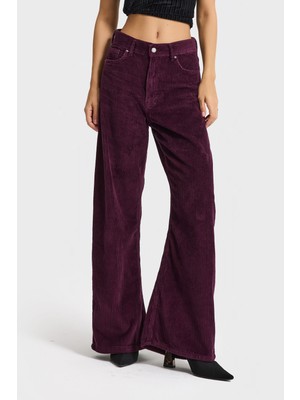 It's Basic Kadın Mor Renk 26w5-111 Straight Fit Yüksek Bel Kalın Fitilli Velvet Kadife Kumaş Pantolon