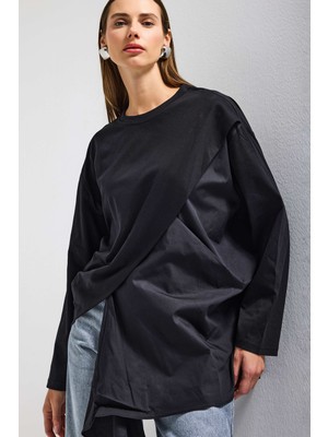 It's Basic Kadın Siyah w5 Oversize Çift Parça Tasarım Gömlek Sweatshirt