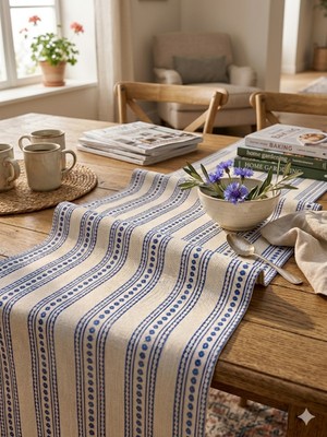 Megi Concept Masa Runner 40X140 cm Mavi Çizgili Çiçekli Desen Kalın Kumaş Dekoratif Salon Yemek Masası Örtüsü