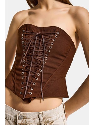 It's Basic Kadın Kahverengi w5 Crop Kuş Gözü ve Bağcık Detaylı Straplez Özel Tasarım Büstiyer