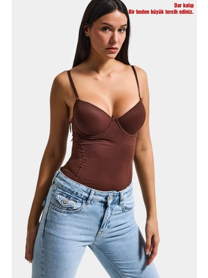 It's Basic Kadın Kahve w5 Çıtçıtlı Toparlayıcı Dantel Detaylı Destekli Cup Tasarım Askılı Body
