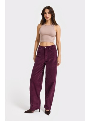 It's Basic Kadın Mor Renk 26w5-111 Skater Fit Esnek Kumaş İnce Fitilli Velvet Kadife Kumaş Pantolon