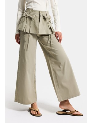 It's Basic Kadın Haki Yeşil w5 Straight Fit Bol Kesim Kemer Detaylı Özel Tasarım Pantolon