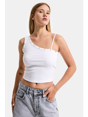 It's Basic Kadın Beyaz w5 Drop Detaylı Tek Kol Askılı Özel Elastan Kumaş Body
