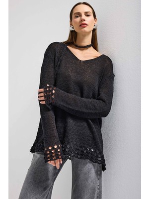 It's Basic Kadın Siyah w5 Oversize Özel Kumaş Tasarım Bol Kesim Triko