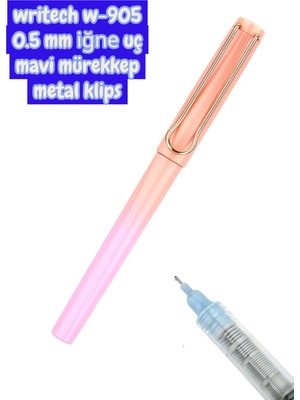 Seyfi Kırtasiye Writech W-905 Roller Kalem 0,5 mm Kalem Mavi Mürekkep Metal Klips Krem Pembe