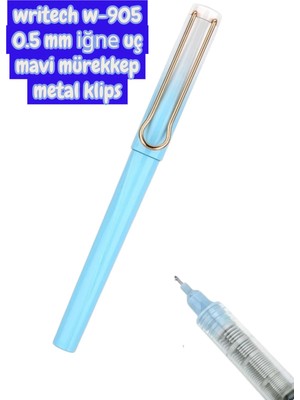 Seyfi Kırtasiye Writech W-905 Roller Kalem 0,5 mm Kalem Mavi Mürekkep Metal Klips Beyaz -Mavi