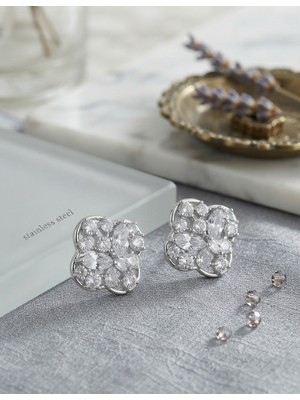Stainless Steel Pirinç Gümüş Renk Zirkon Taşlı Yonca Model Küpe