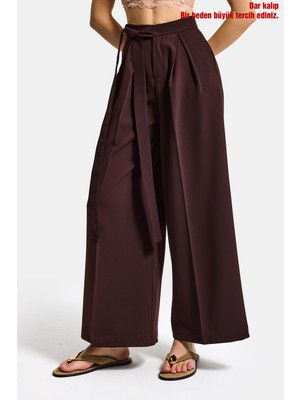 It's Basic Kadın Acı Kahve w5 Palazzo Fit Özel Kumaş Kemer Detaylı Tasarım Pantolon