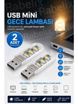 Rabelix 2 Adet USB Gece Lambası 3 LED Smd Beyaz Işık Laptop Powerbank Uyumlu