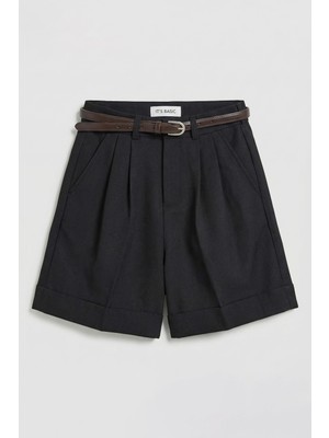 It's Basic Kadın Siyah w5 Kemerli Pileli Kumaş Midi Boy Şort