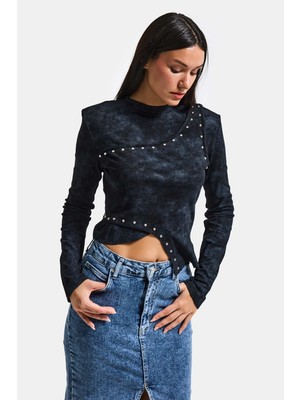 It's Basic Kadın Siyah Antrasit w5 Asimetrik Kesim Drop Detaylı Özel Tasarım Crop Top