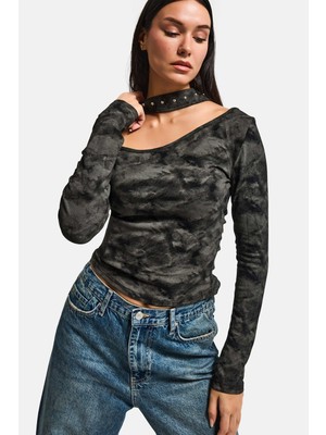 It's Basic Kadın Siyah Antrasit w5 Asimetrik Kesim Özel Kumaş Tasarım Crop Top